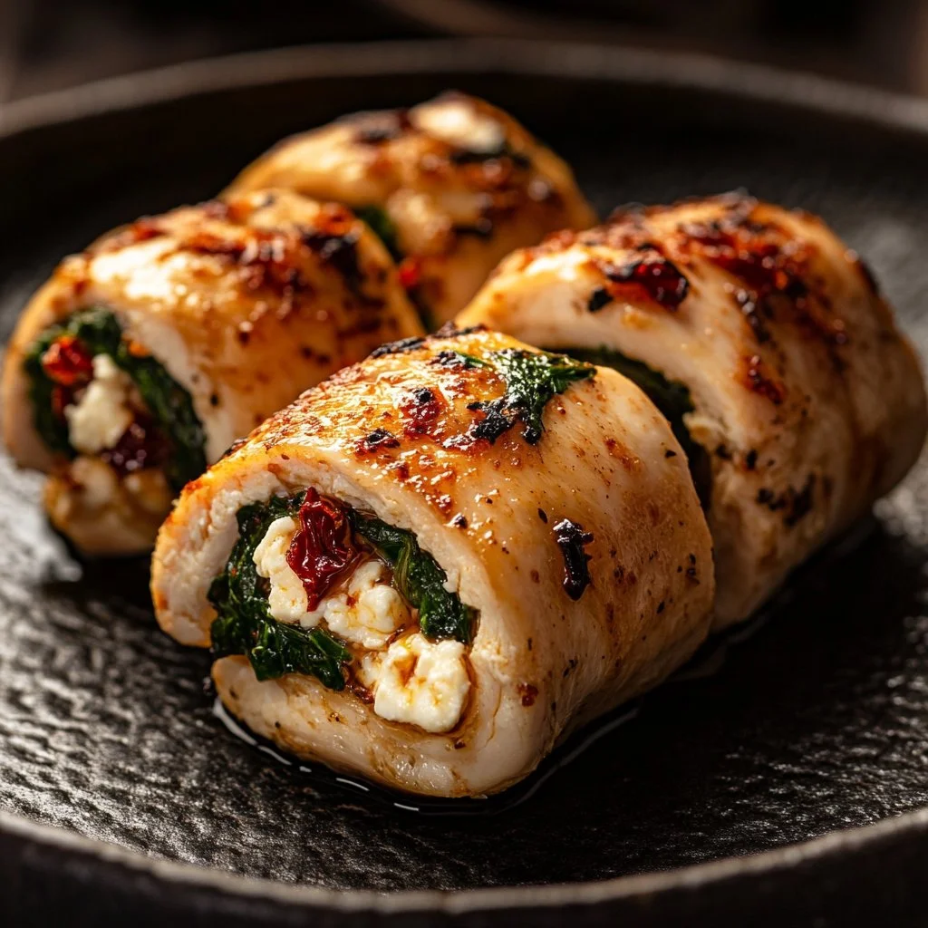 Rolled chicken filled with feta cheese and spinach on a plate