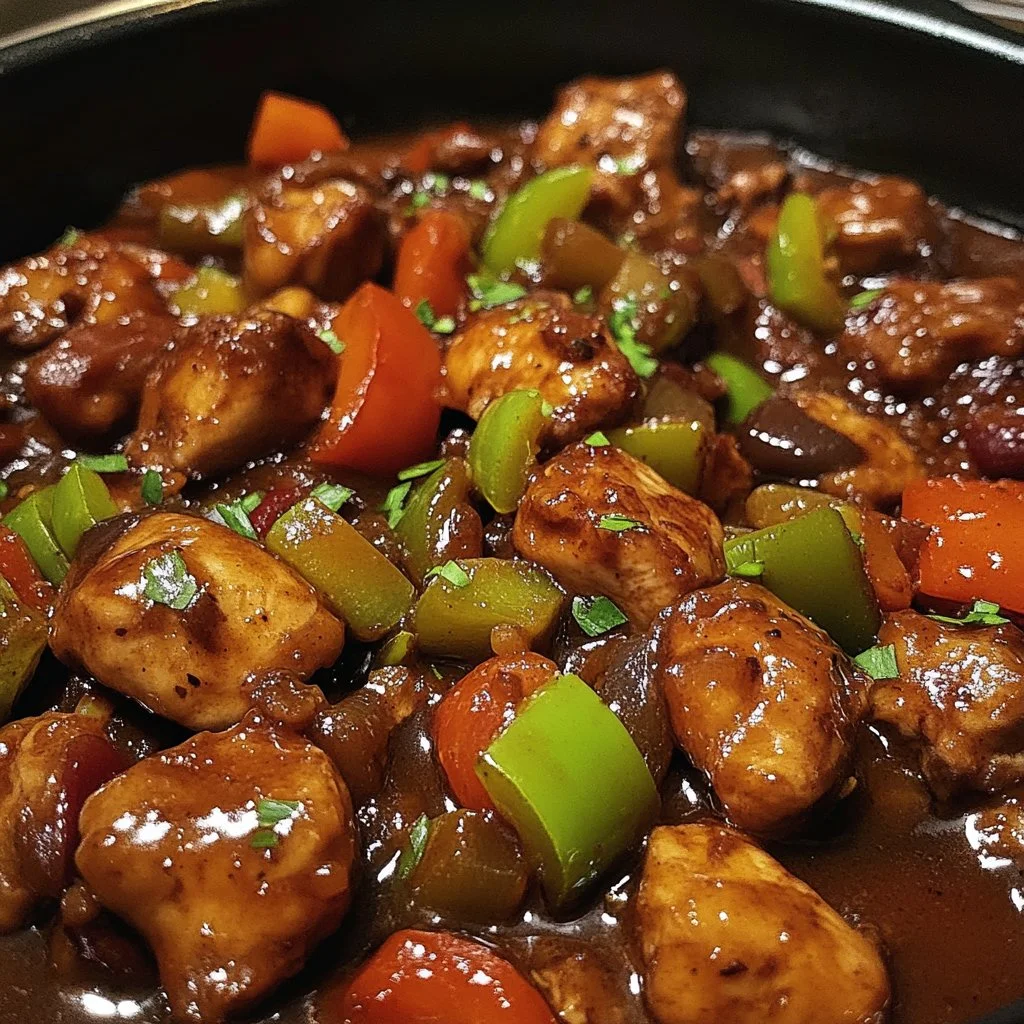 Delicious and savory brown stew chicken served with rice and vegetables.