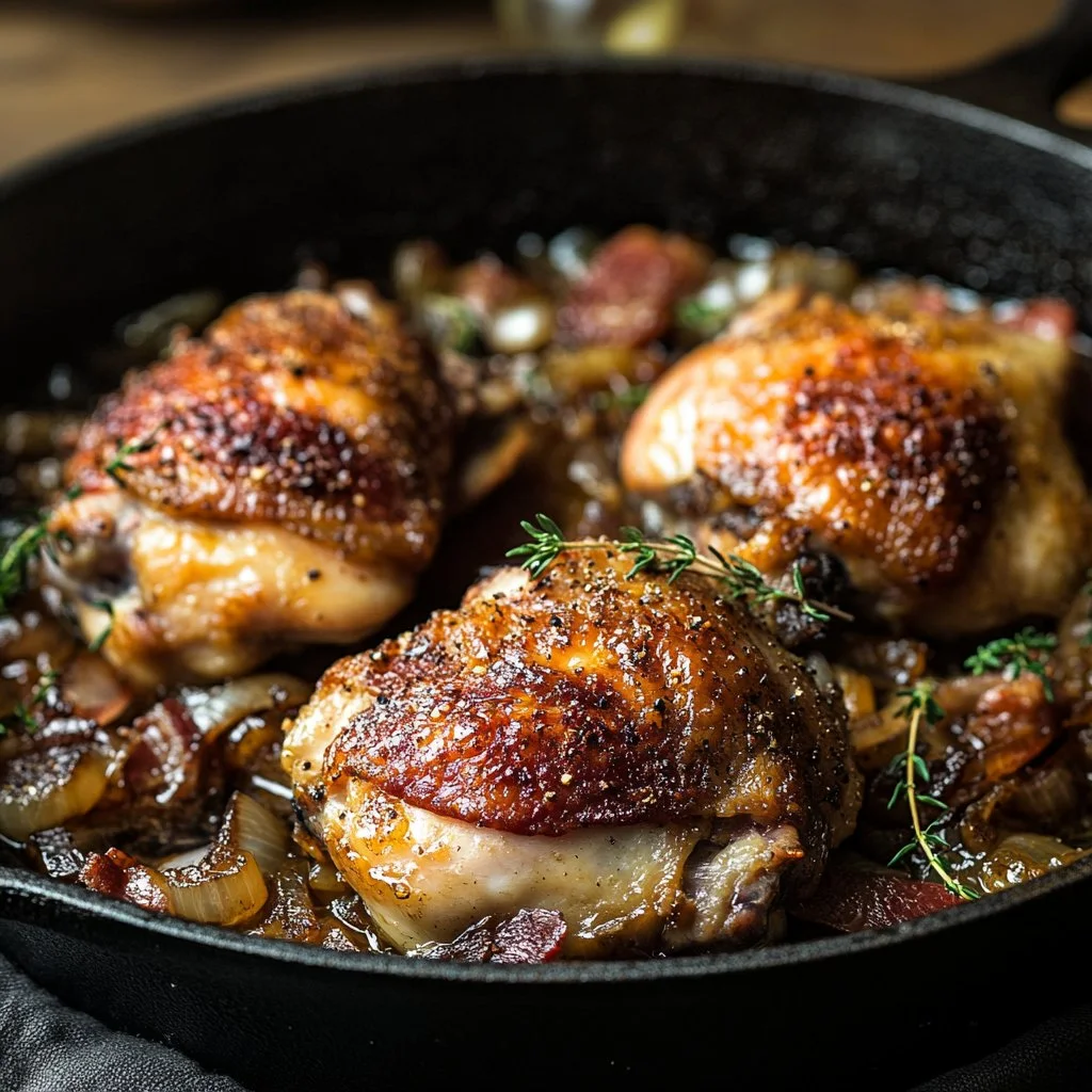 Savory chicken fricassée with shallots and bacon served in a white bowl