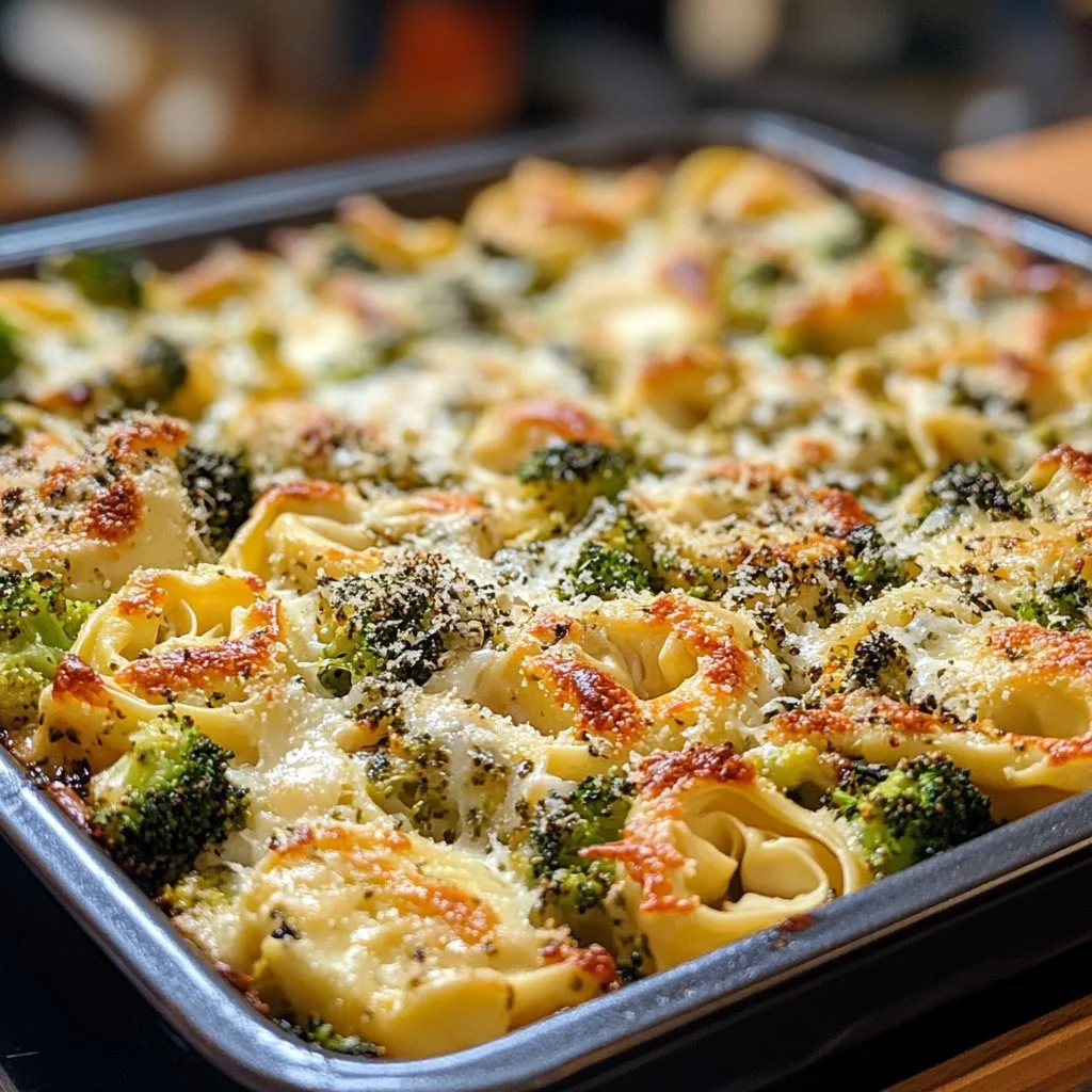 Sheet Pan Broccoli Tortellini Bake served on a plate with fresh basil