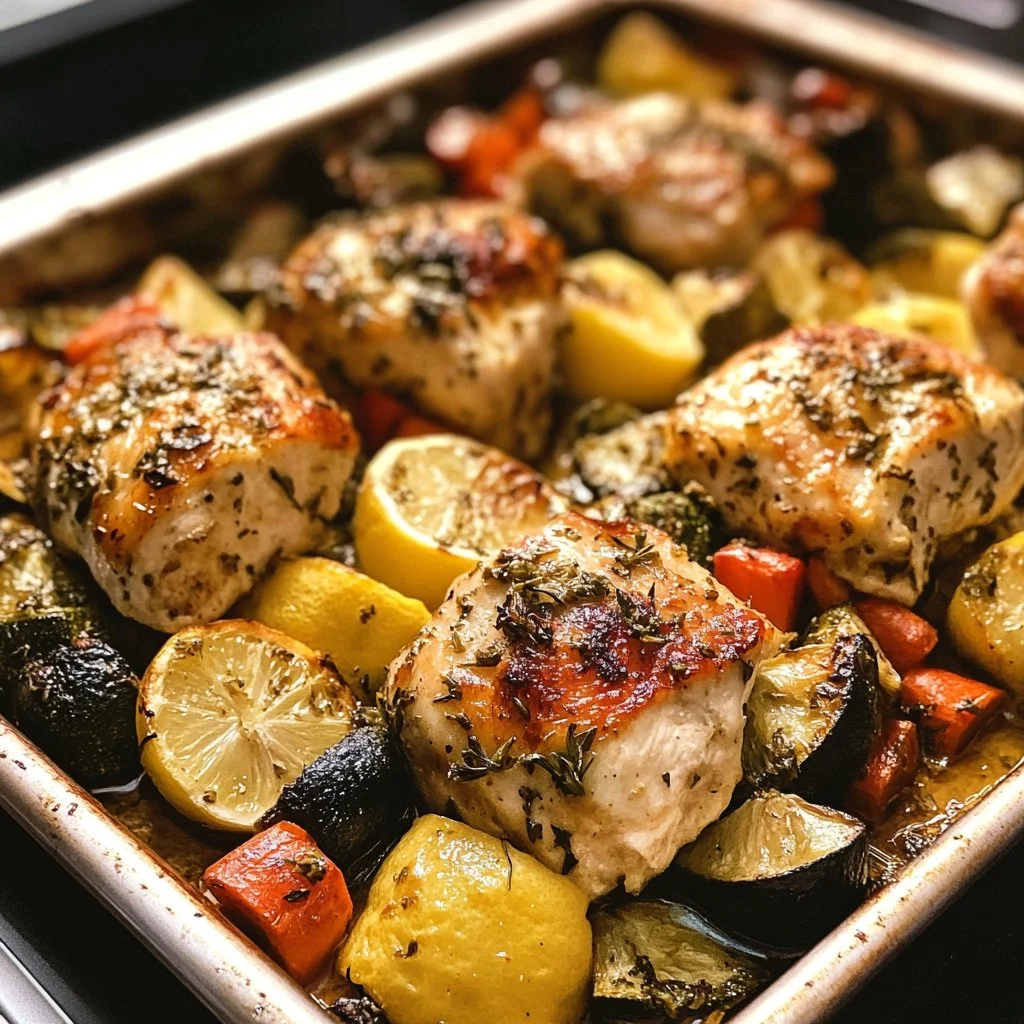 Sheet pan lemon herb chicken served with roasted vegetables