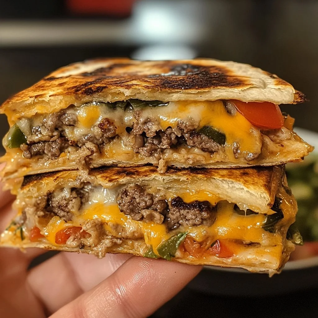 Sizzling Blackstone Quesadilla Burger on a grill, showcasing melted cheese and juicy beef.