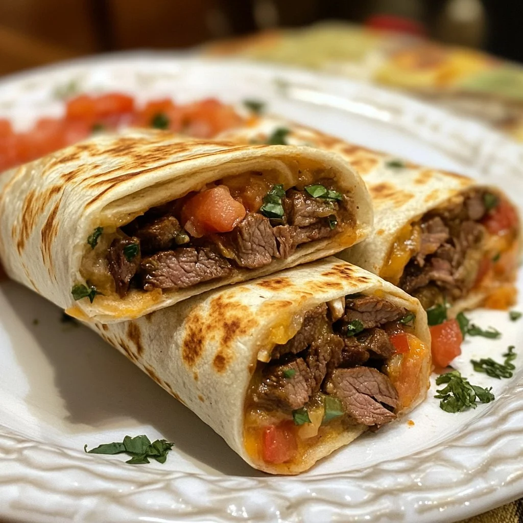 Delicious sizzling steak burritos filled with juicy steak and fresh toppings