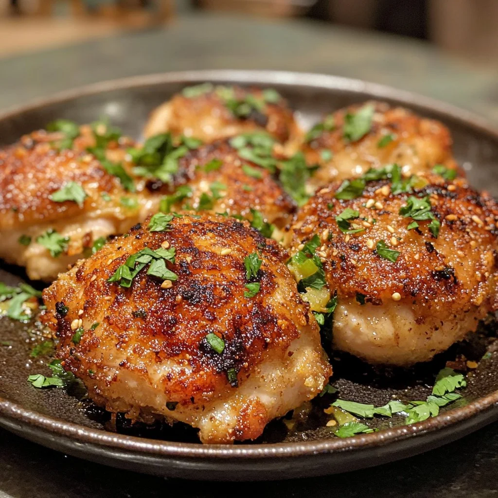 Skillet Bang Bang Chicken Thighs served on a plate with vibrant vegetables