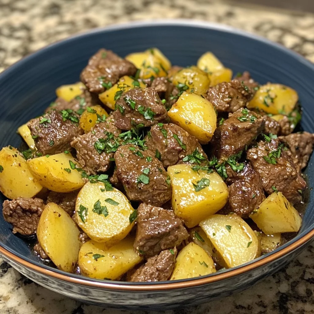 Slow Cooker Garlic Butter Beef with Potatoes served in a bowl