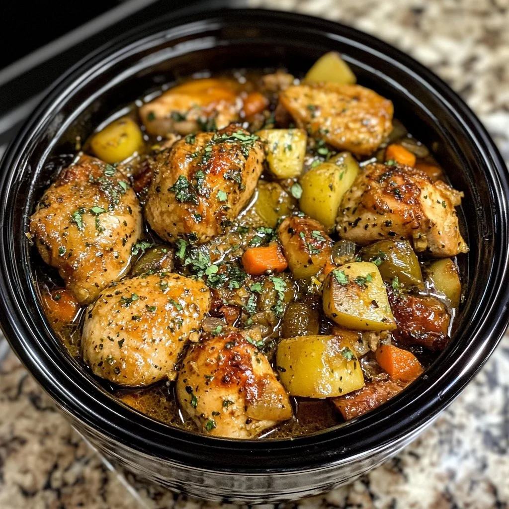 Slow Cooker Garlic Butter Chicken with vegetables in a delicious sauce