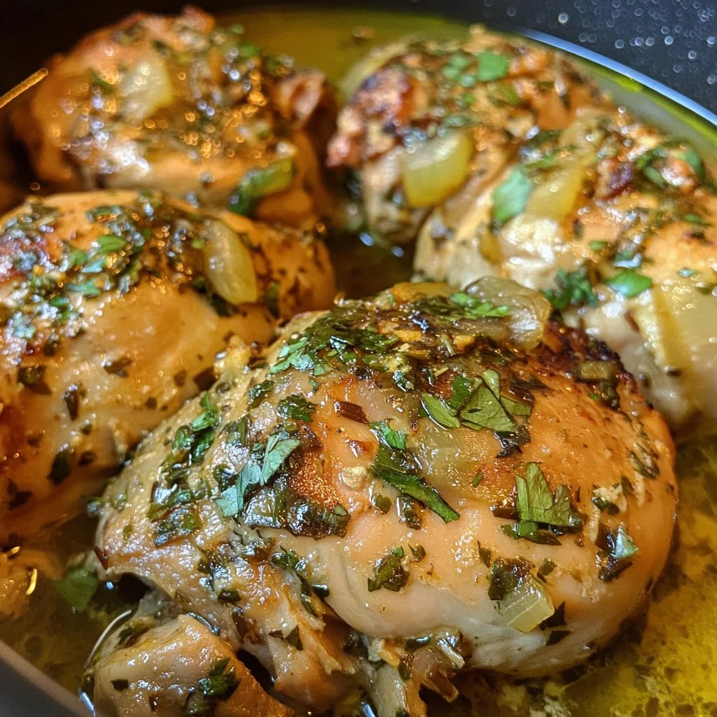 Delicious Slow Cooker Greek Chicken served with fresh herbs and lemon.