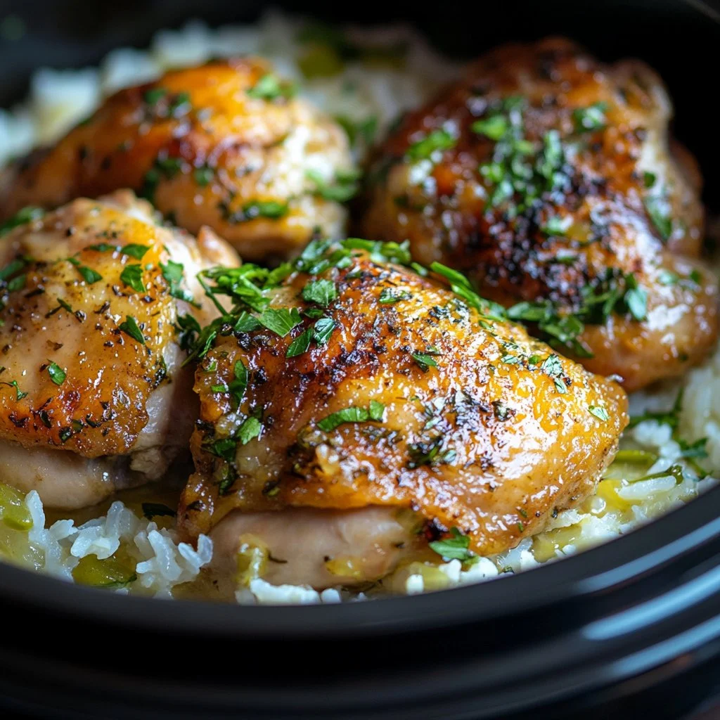 Delicious slow cooker lemon herb chicken served with rice