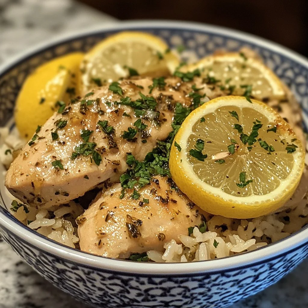 Delicious Slow Cooker Lemon Herb Chicken served over rice.