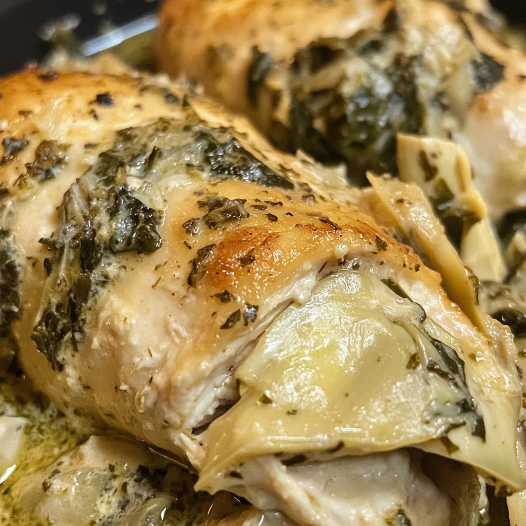 Slow Cooker Spinach Artichoke Chicken served in a bowl with fresh herbs