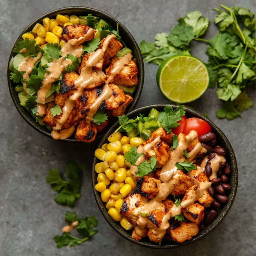 Delicious smoky chicken bowl with fresh toppings and vibrant colors