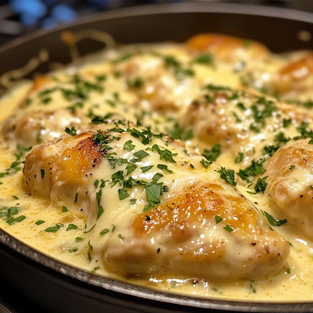 Delicious smothered cheesy sour cream chicken served on a plate