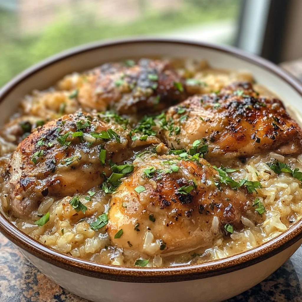 Plate of smothered chicken served with rice and creamy gravy