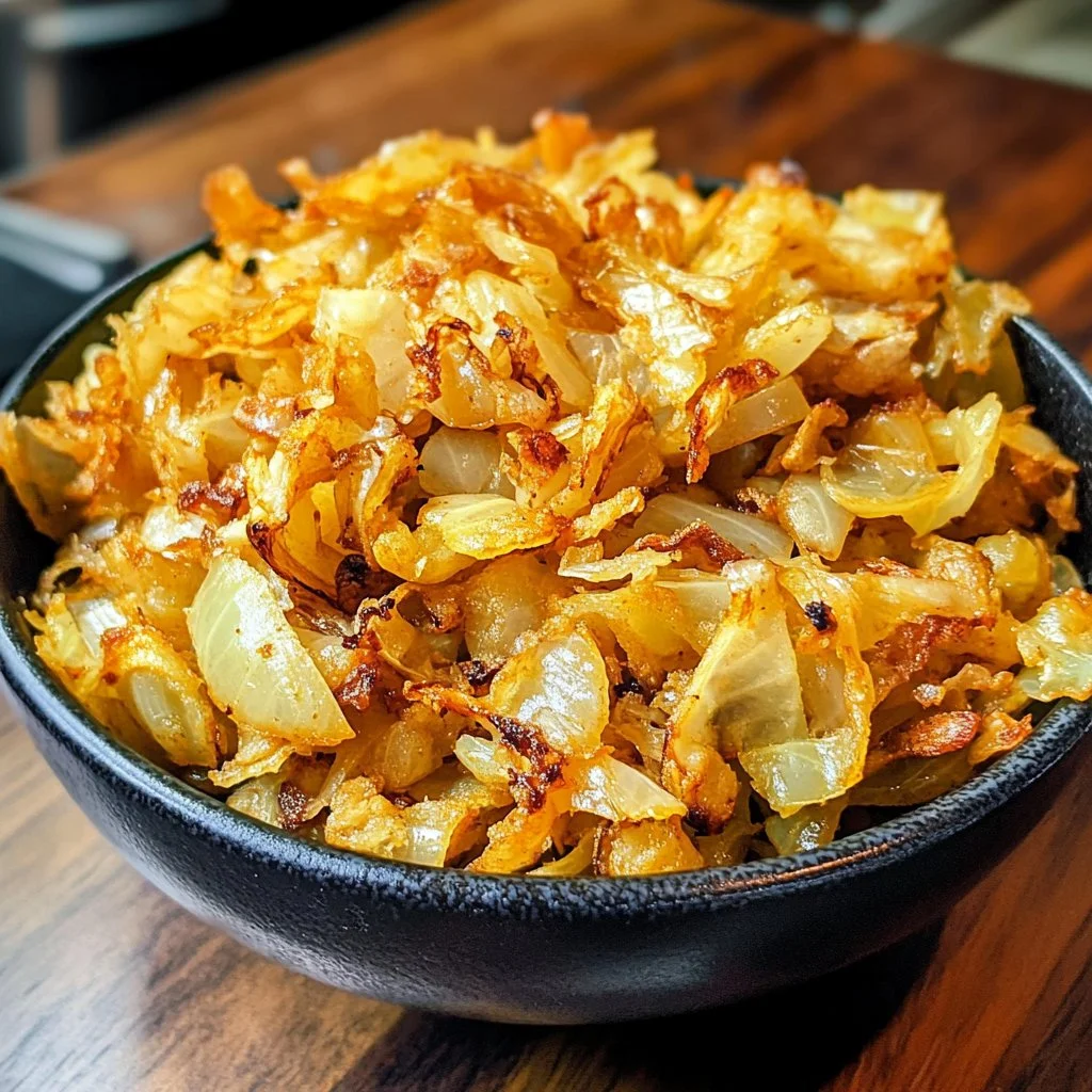 Plate of Southern fried cabbage garnished and served hot.