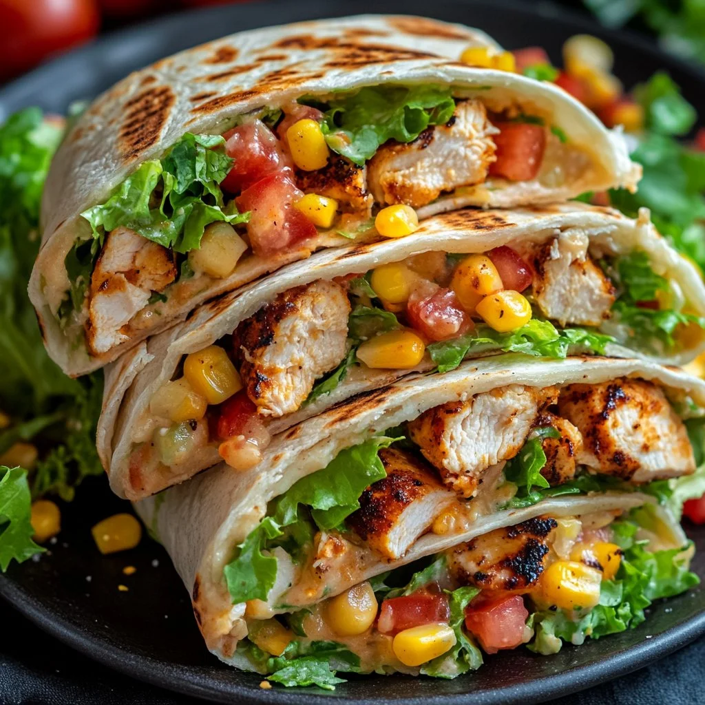 Delicious Southwest grilled chicken wraps filled with fresh ingredients and spices.