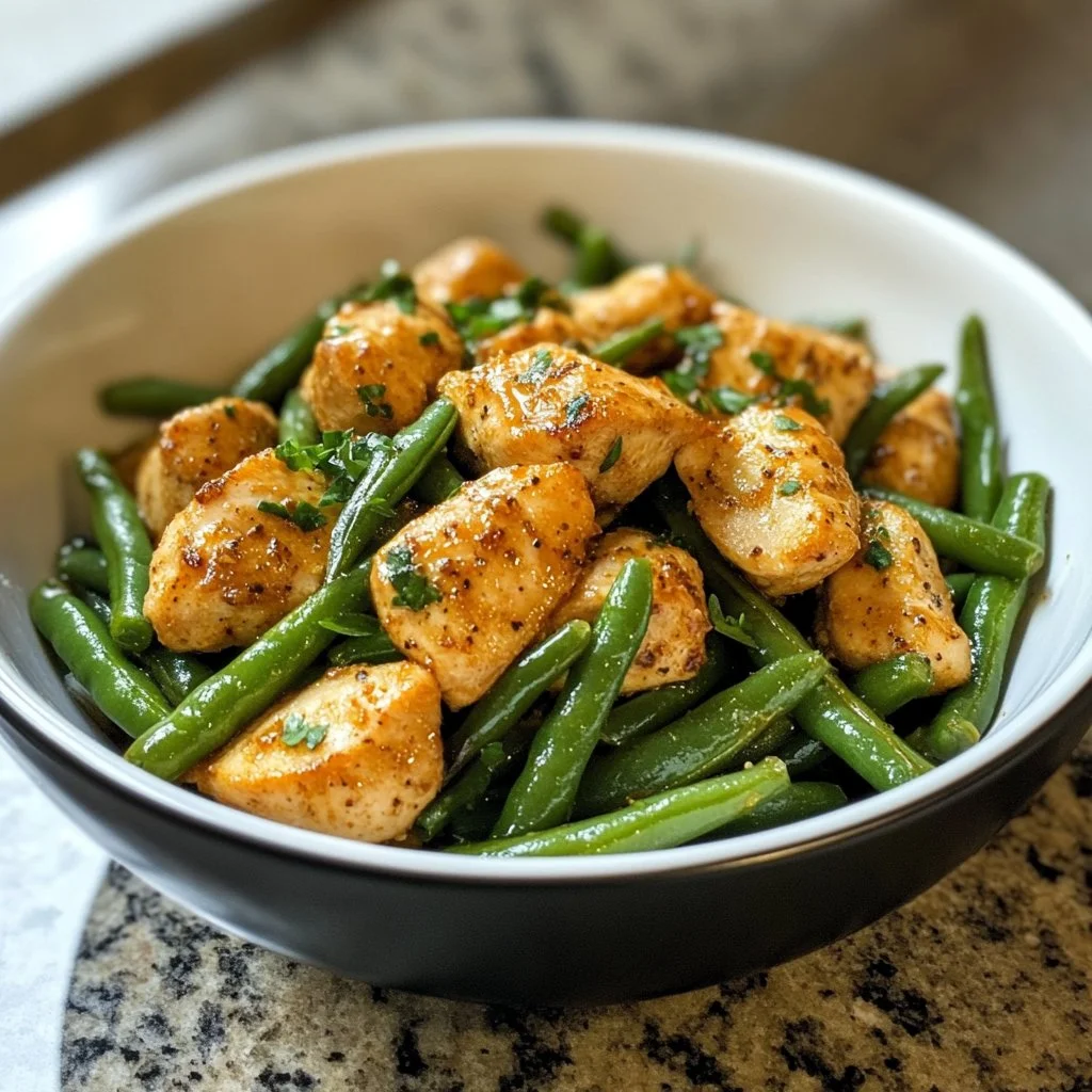 Delicious speedy chicken and green beans dish served on a plate.