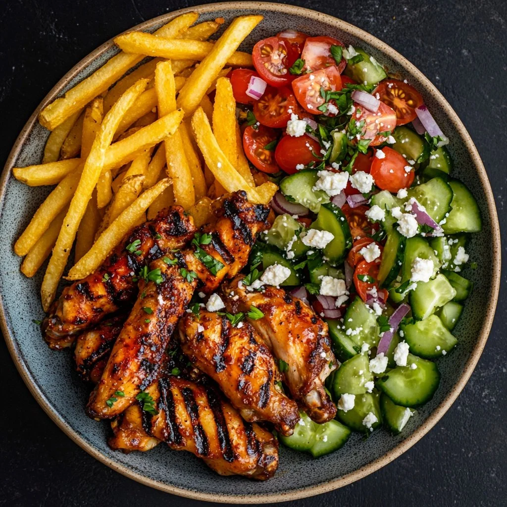 Delicious spicy grilled chicken wings served with fries and Greek salad