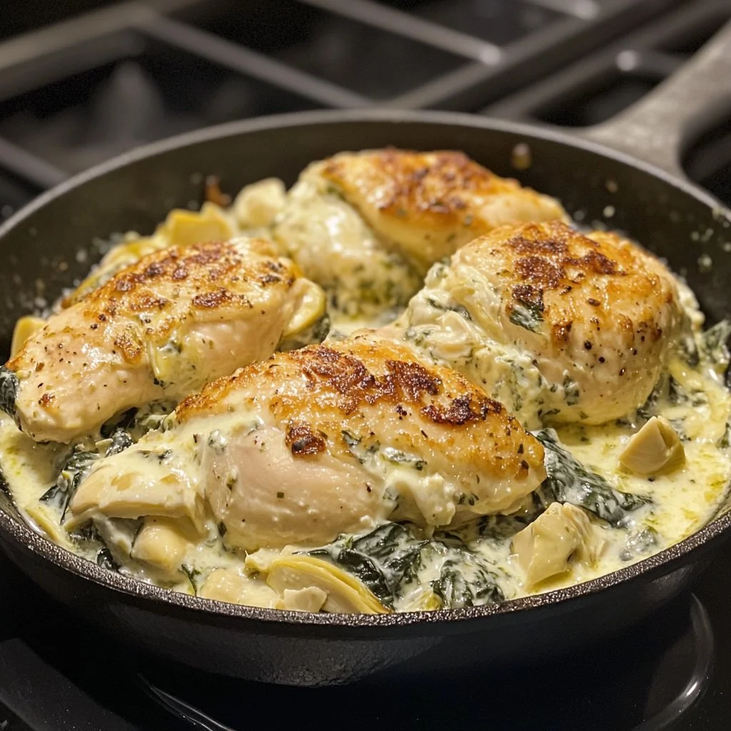 Delicious Spinach Artichoke Chicken with Cottage Cheese served in a rustic dish
