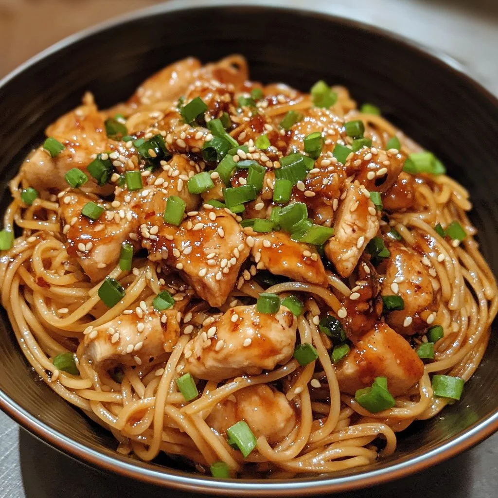 Plate of sticky garlic chicken noodles garnished with fresh herbs