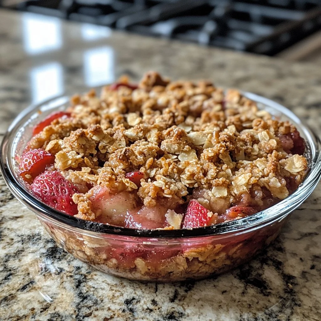 Homemade Strawberry Rhubarb Crisp topped with oats and brown sugar