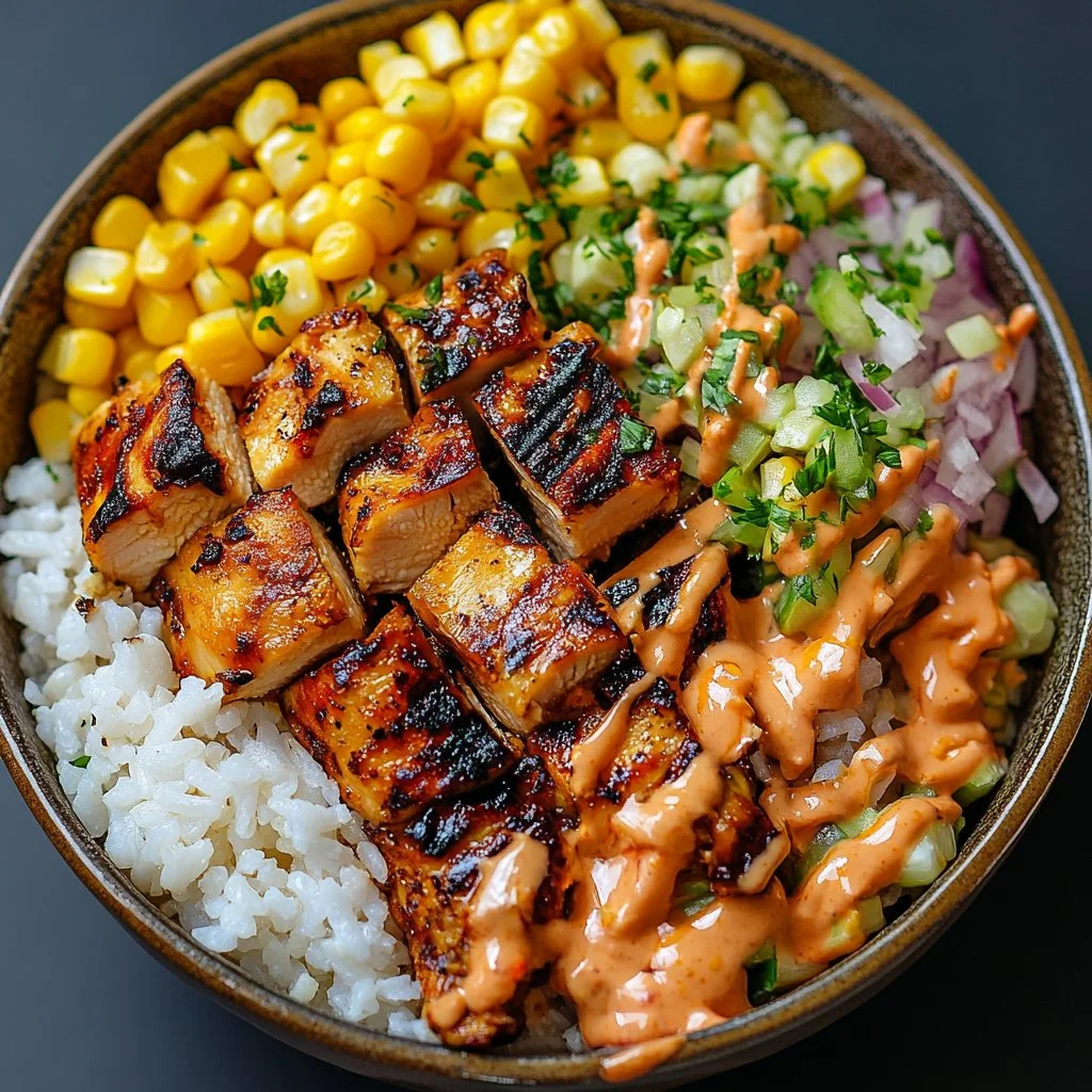 Street corn chicken rice bowl topped with fresh cilantro and lime