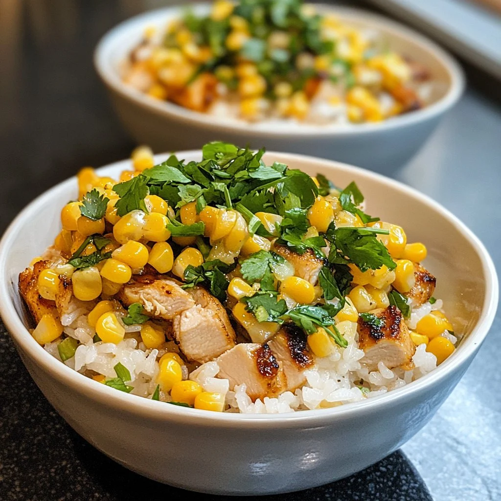 Street Corn Chicken Rice Bowl with chicken, corn, and rice served in a bowl