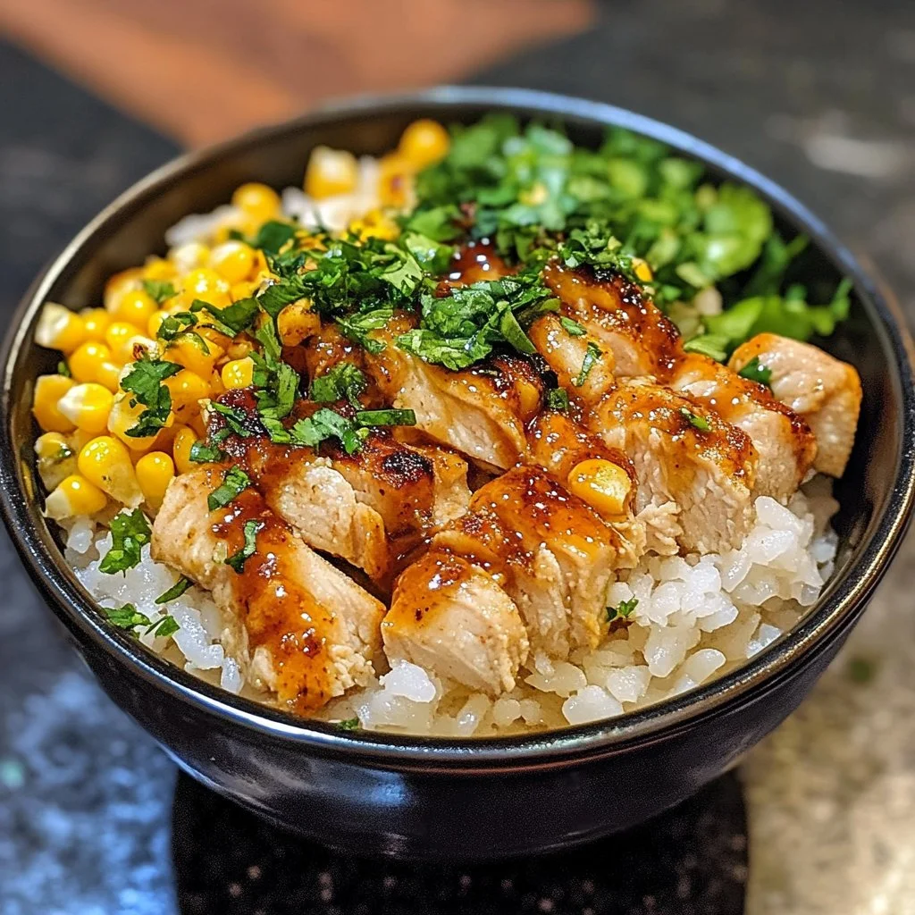 Street Corn Chicken Rice Bowl topped with fresh ingredients and vibrant flavors