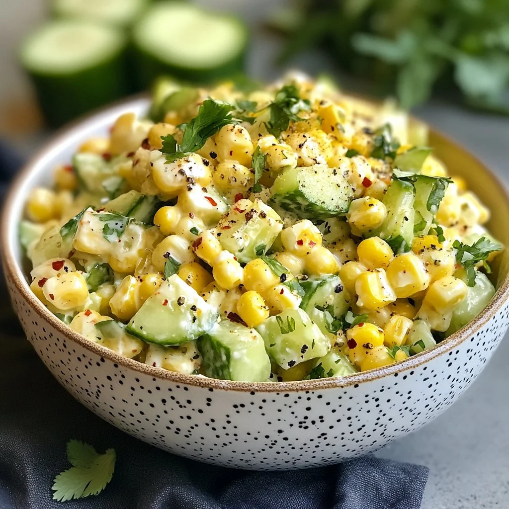 Delicious Street Corn Salad with creamy cucumber served in a bowl
