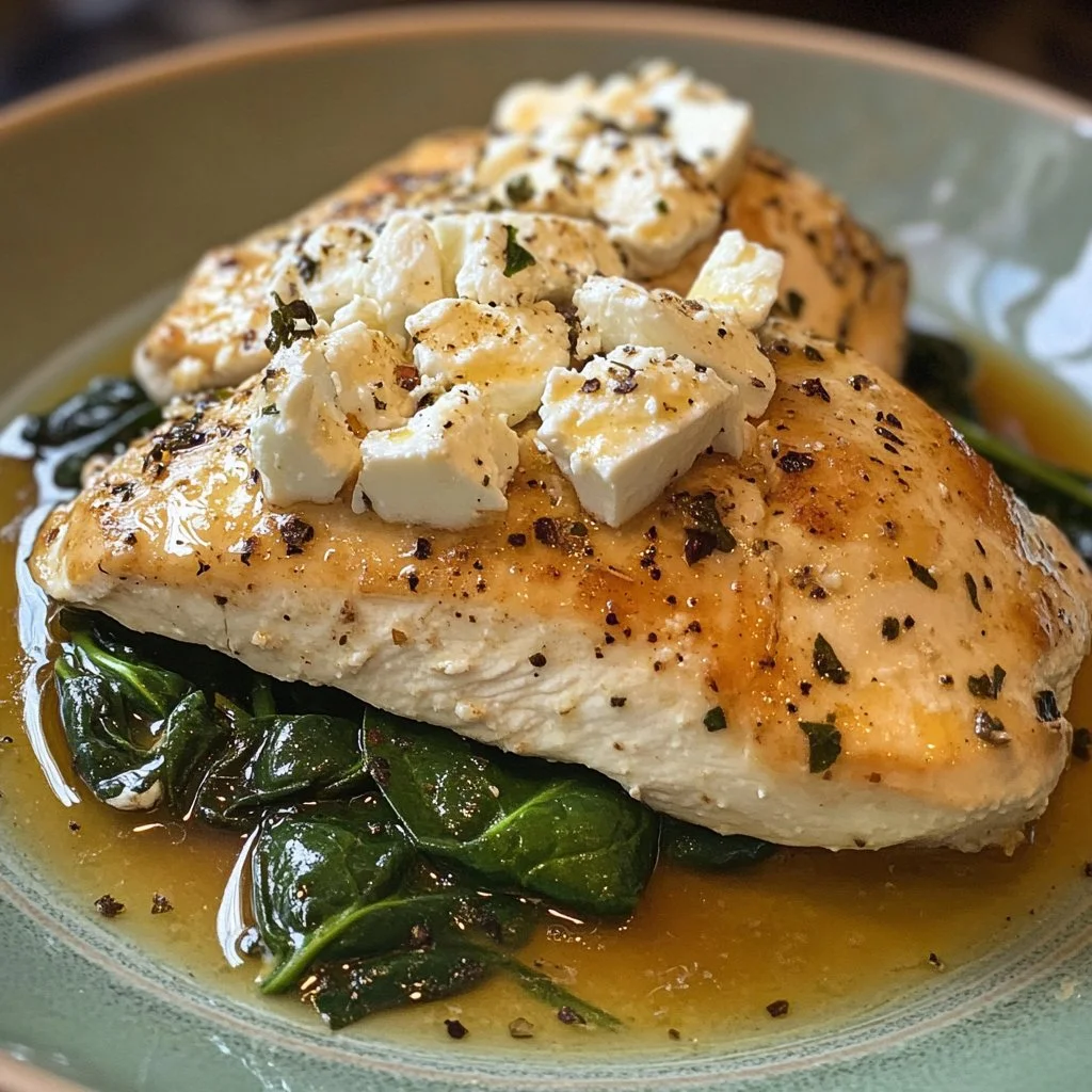 Tasty chicken breast with feta cheese and spinach in a vibrant dish