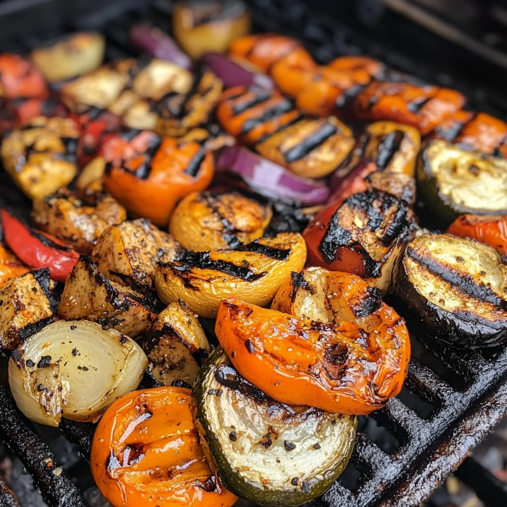 Colorful grilled veggies marinated for a delicious BBQ side dish