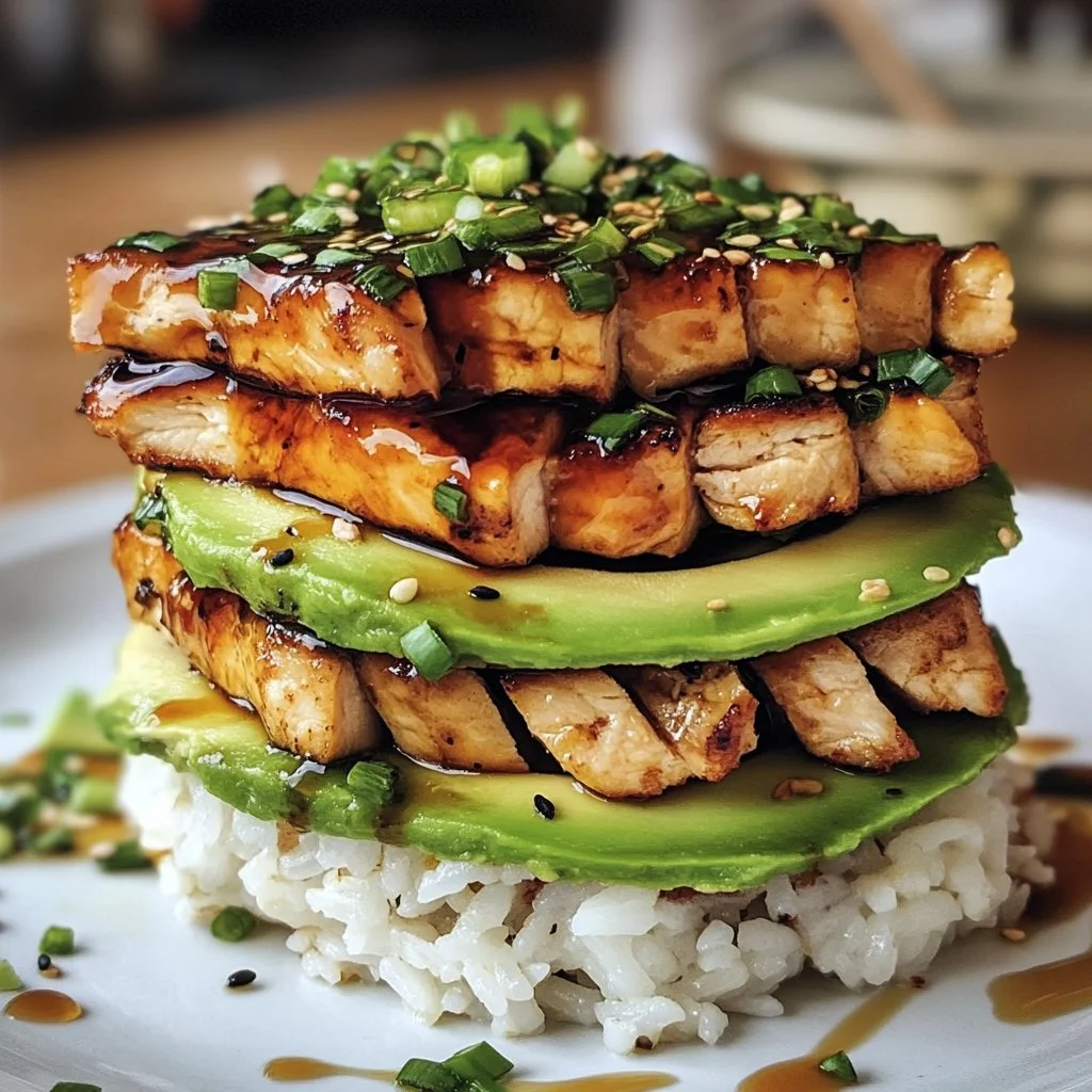 Tasty Teriyaki Chicken Avocado Rice Stack with colorful ingredients