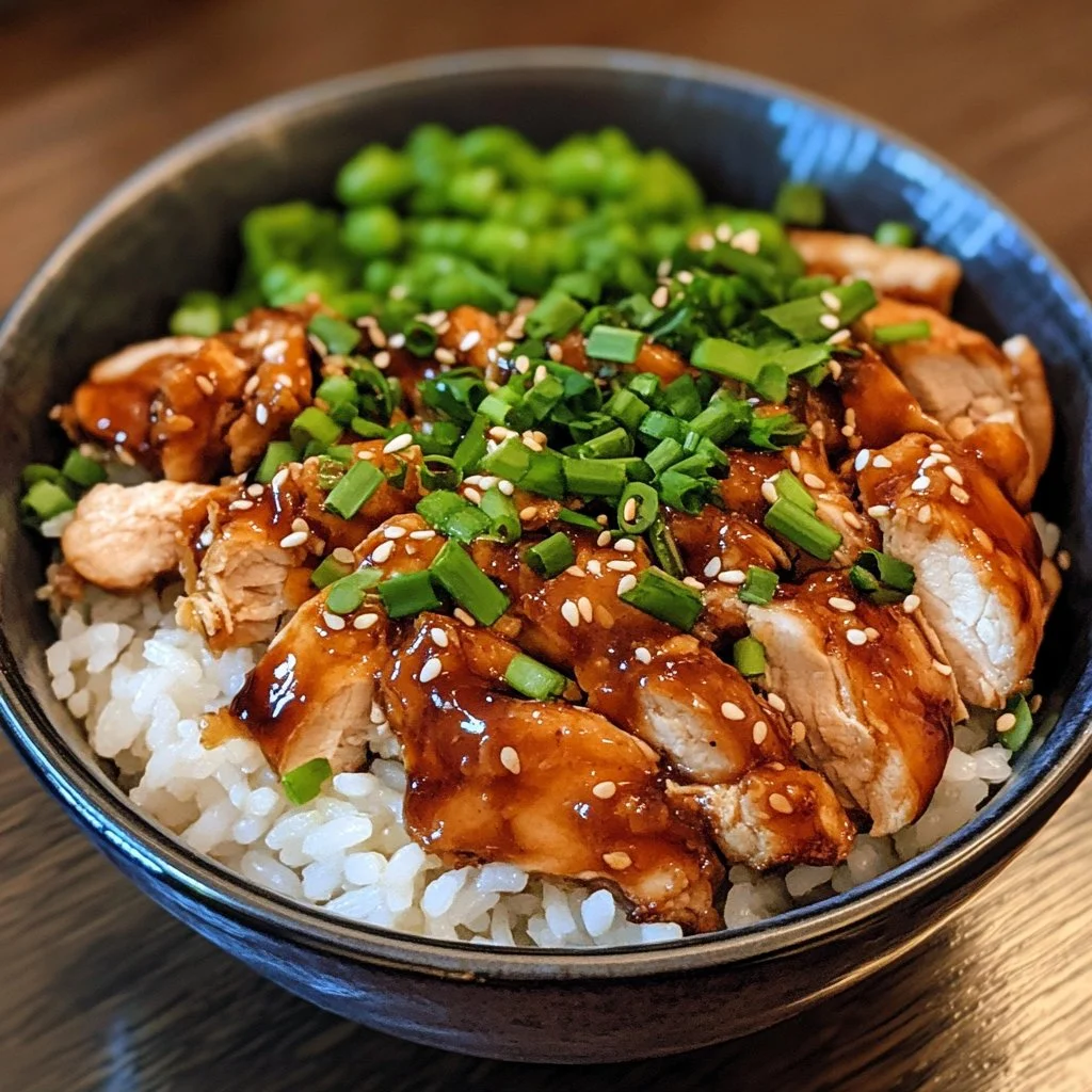 Delicious teriyaki chicken rice bowl garnished with vegetables and sesame seeds