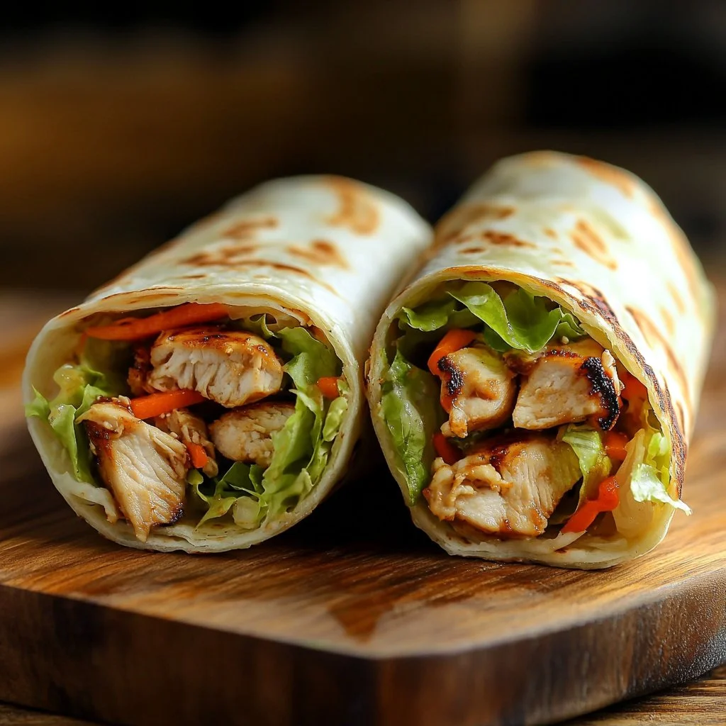 Teriyaki chicken wrap with fresh vegetables and savory sauce