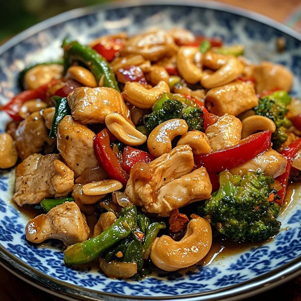 Delicious Thai Cashew Chicken Stir Fry served in a bowl with vegetables and rice