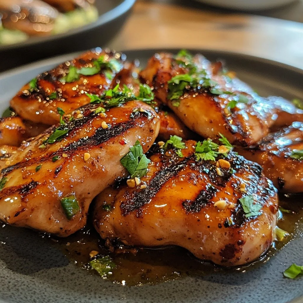 Delicious Thai grilled chicken with vibrant herbs and spices on a platter