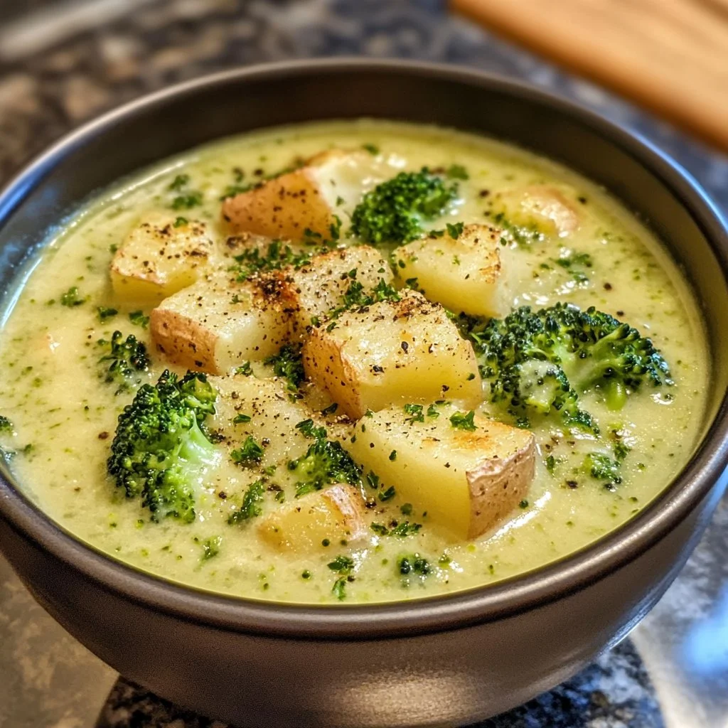 Creamy broccoli potato cheese soup in a bowl with fresh herbs