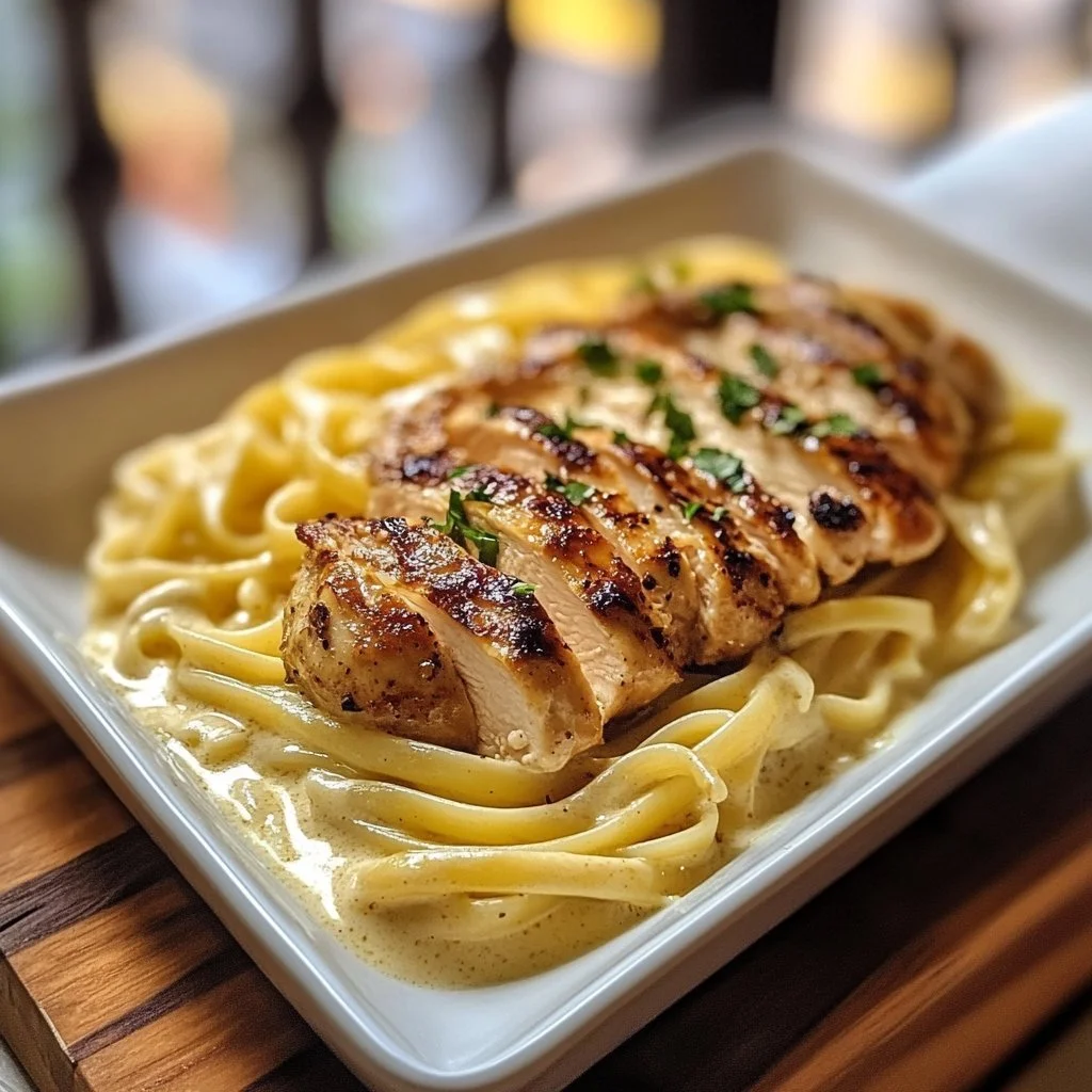 Plate of creamy garlic parmesan chicken pasta garnished with herbs