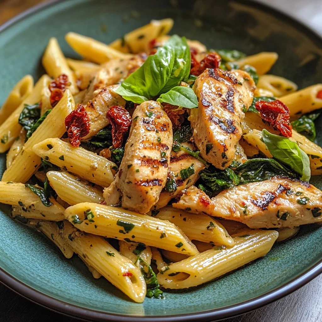 Delicious bowl of Tuscan grilled chicken pasta with herbs and vegetables