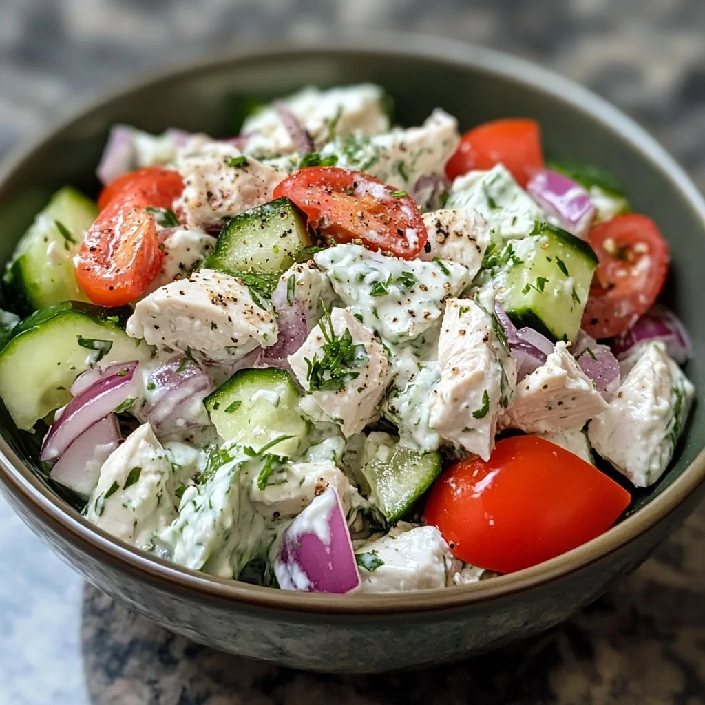 Delicious Tzatziki Chicken Salad served in a bowl with fresh vegetables.