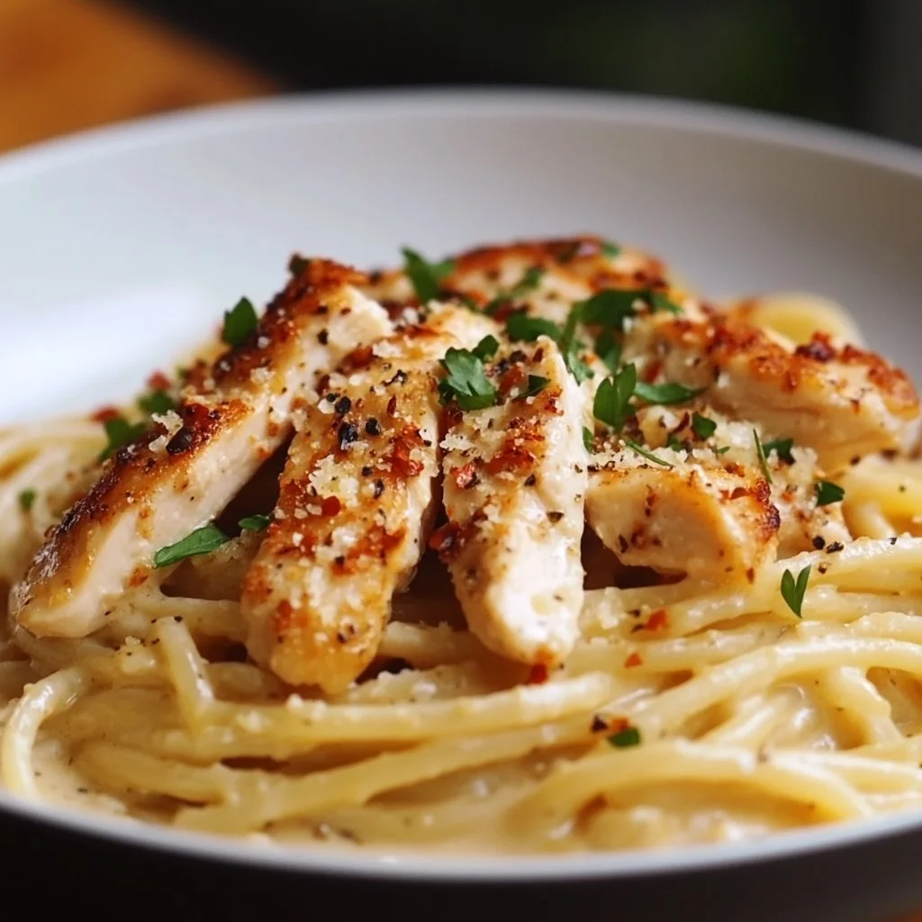 Creamy garlic parmesan chicken pasta dish garnished with herbs
