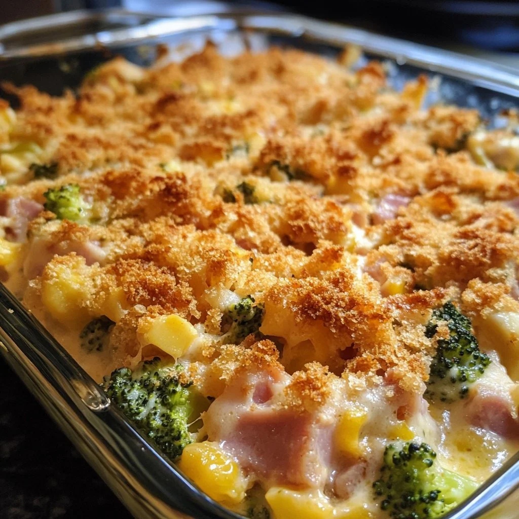 Delicious Ham Broccoli Casserole in a ceramic dish, topped with cheese.