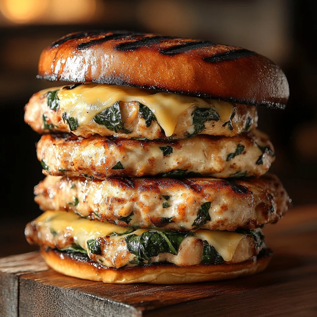 White cheddar and spinach chicken burgers on a plate