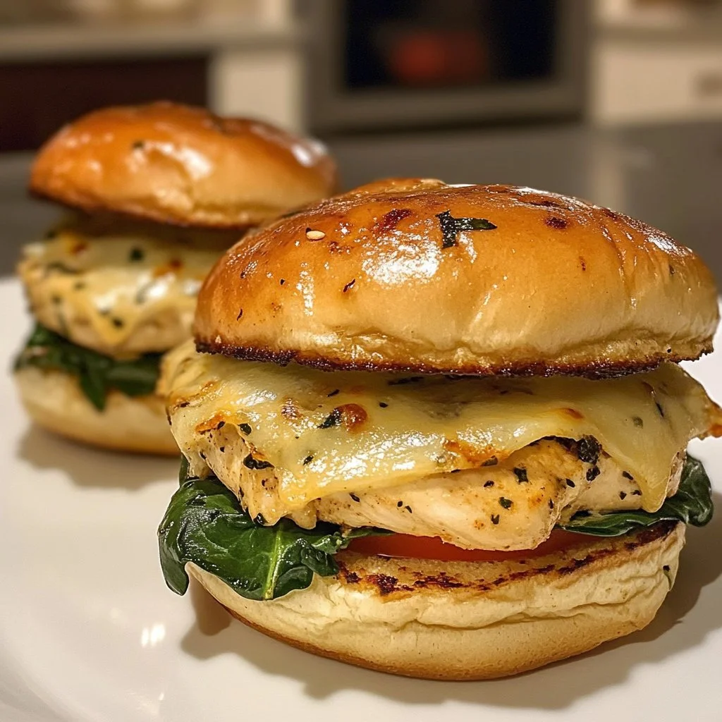 Delicious white cheddar and spinach chicken burgers on a plate