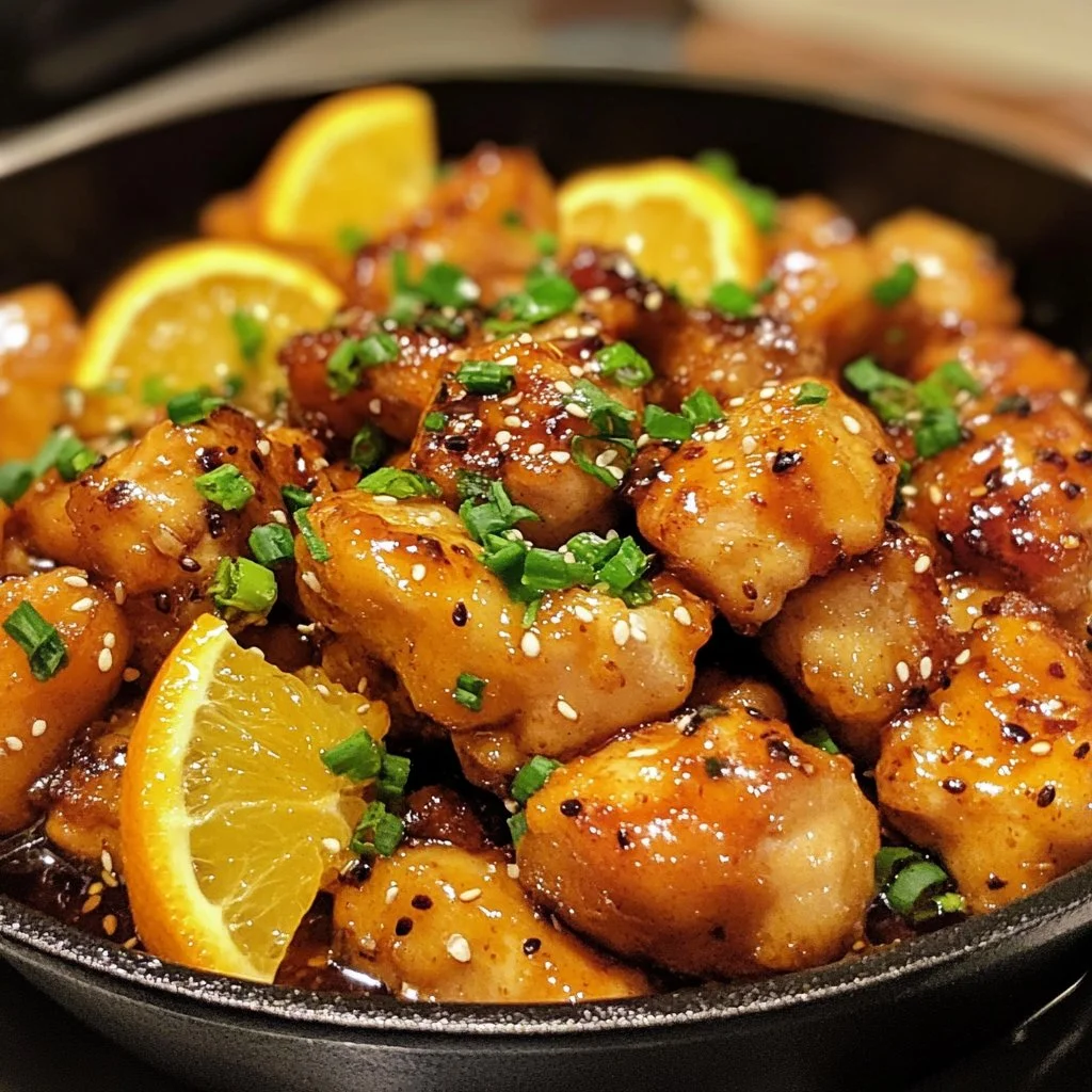 Delicious zesty Blackstone Orange Chicken served on a plate with garnishes.