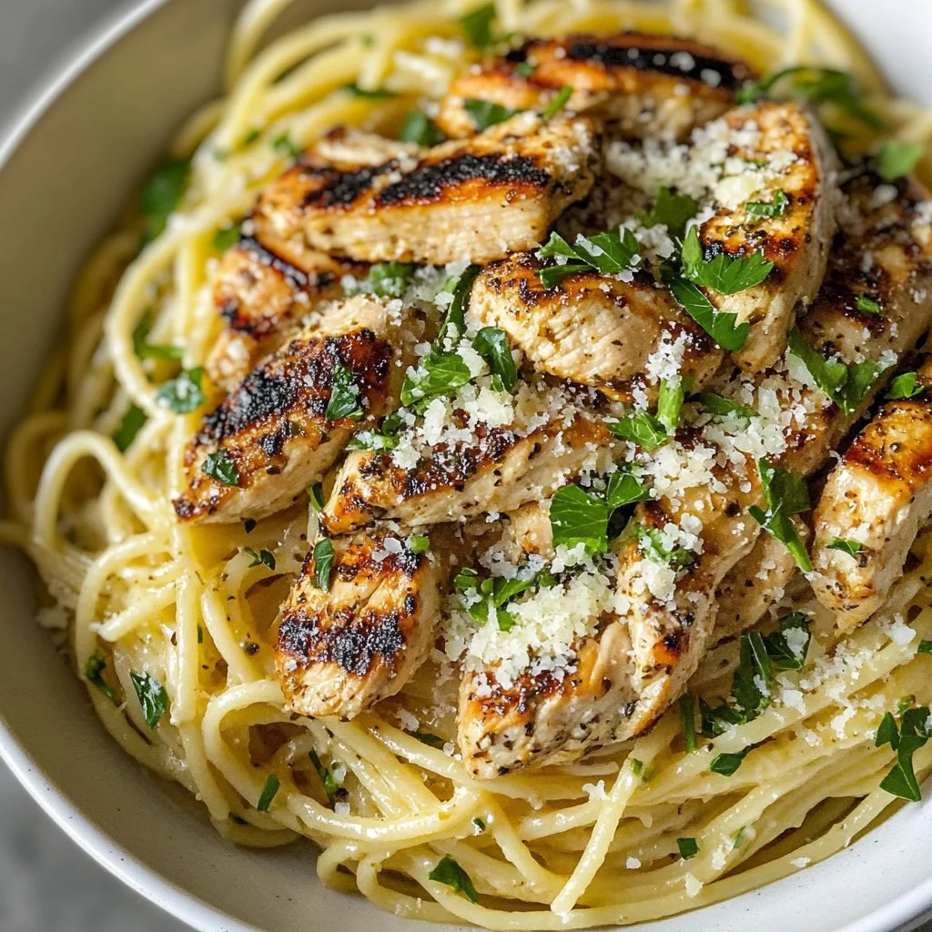 Zesty grilled chicken pasta served with fresh vegetables and herbs.