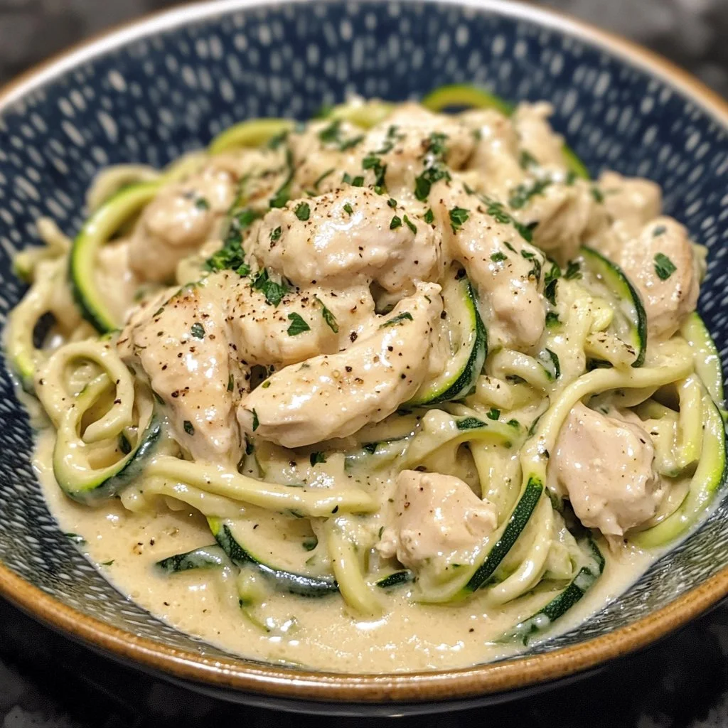 Zucchini Noodle Chicken Alfredo served in a bowl with fresh herbs