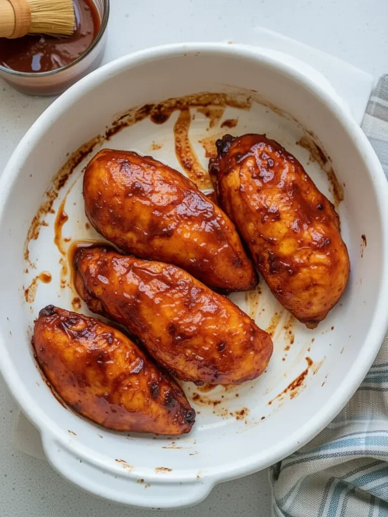 30 Minute BBQ Baked Chicken Breasts served on a plate with BBQ sauce and herbs.