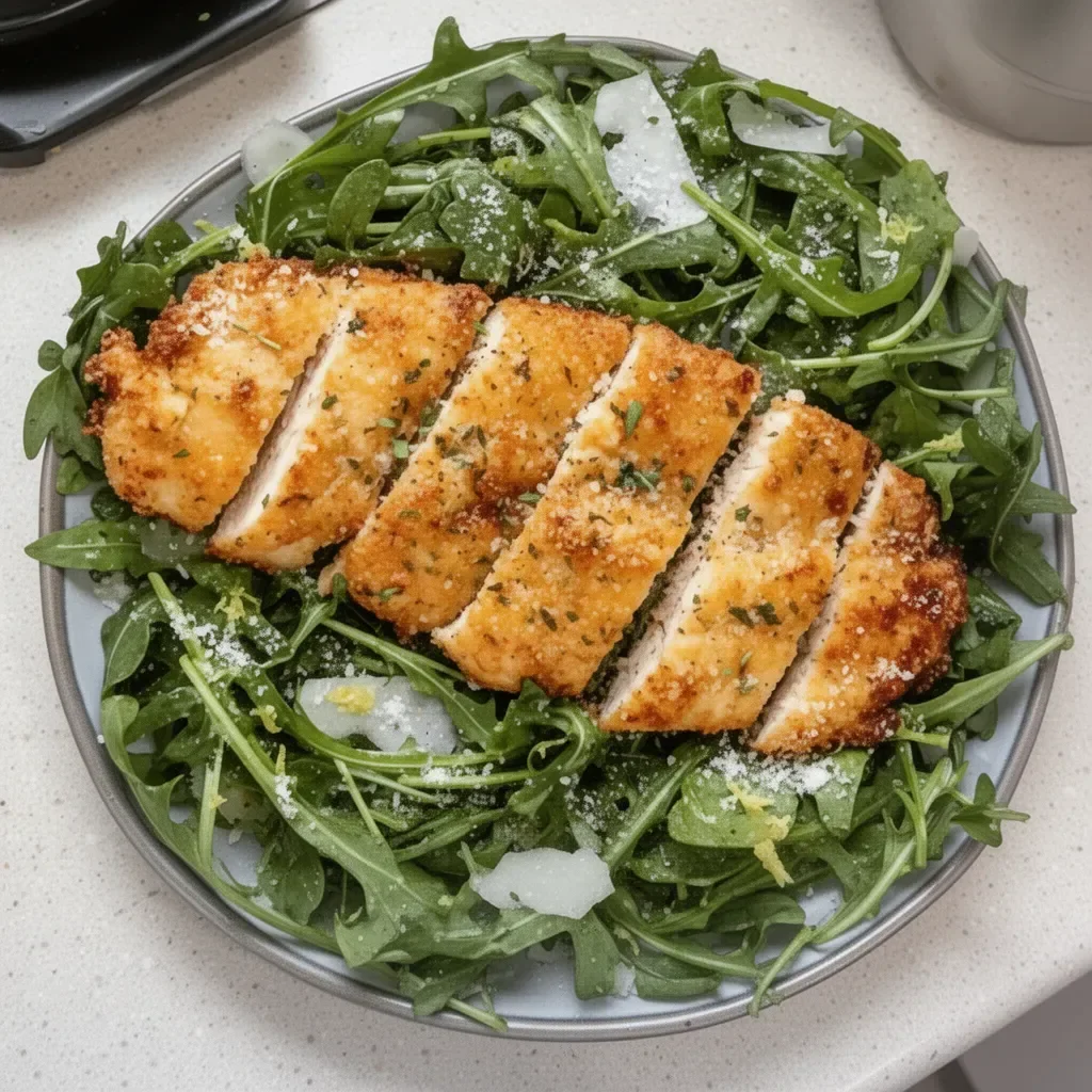Crispy air fryer breaded chicken breast on a plate with dipping sauce