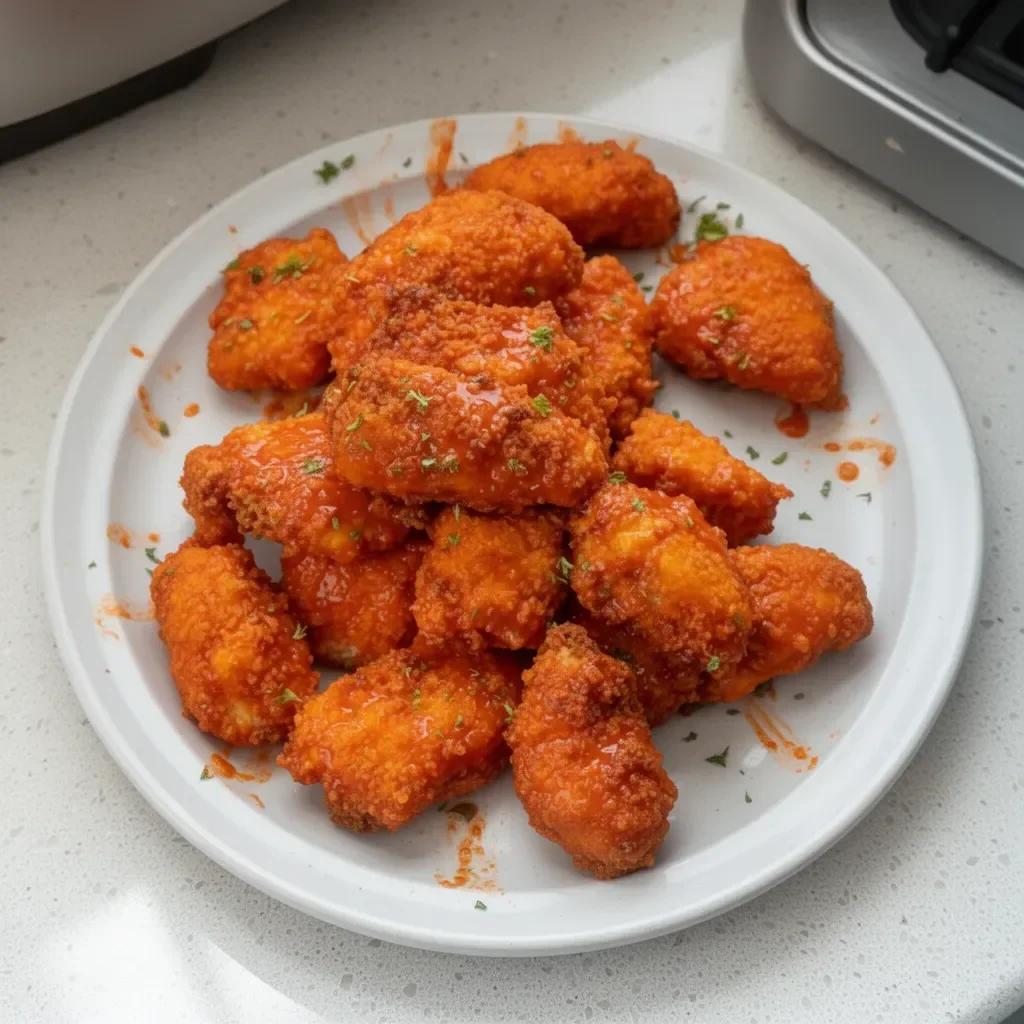 Air Fryer Buffalo Chicken served with celery and ranch dip