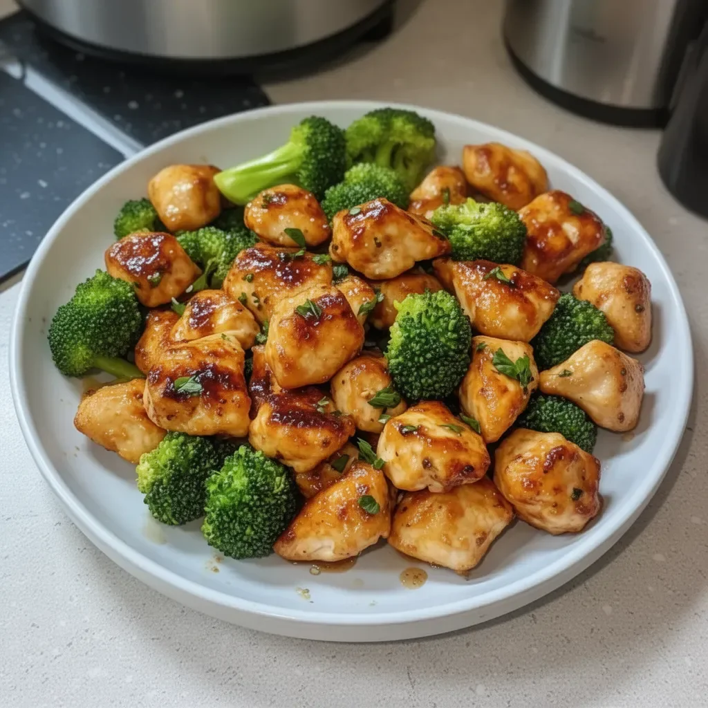 Crispy air fryer chicken bites served with broccoli on a plate